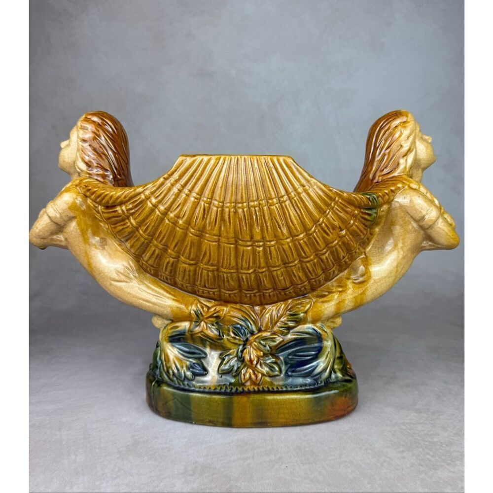 Vintage Mermaid Masthead Nautical Shell Pottery Ceramic Bowl Compote Large Boat